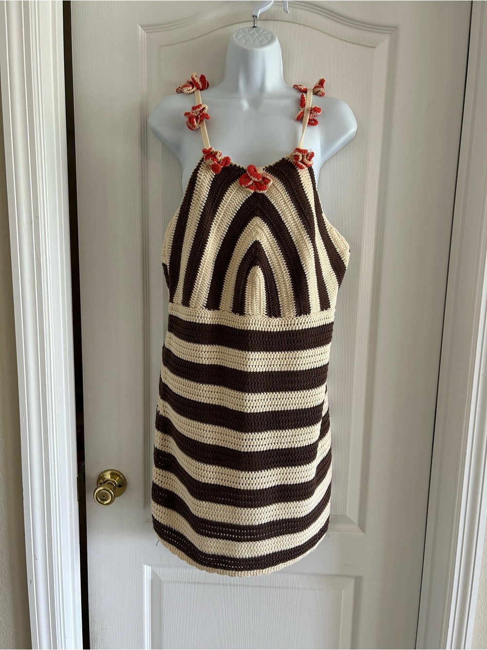 By Anthropologie Brown & Cream Striped Crochet Dress with Red Flower Accents